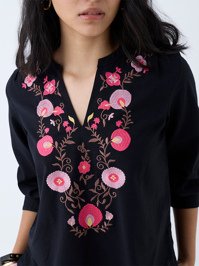 Westside Utsa Women's Black Floral Embroidered Cotton Top for Work Wear Zoomed View