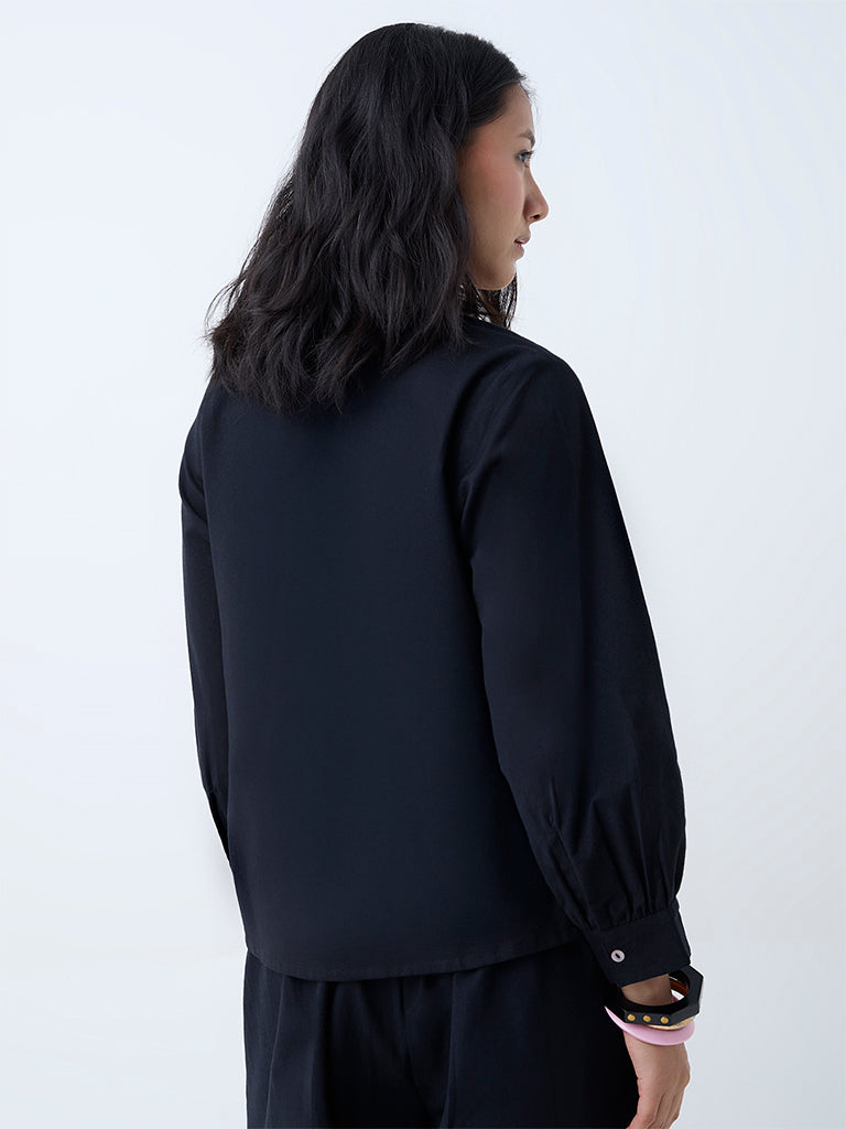 Westside Utsa Women's Black Floral Embroidered Cotton Top for Work Wear Back View