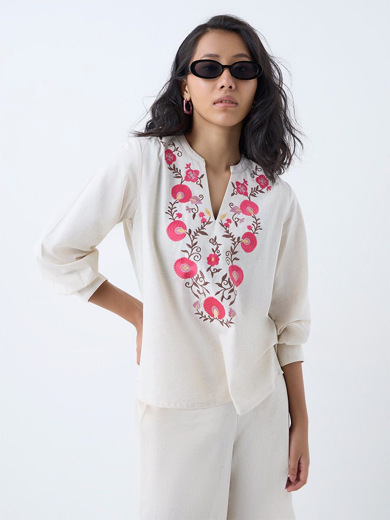 Westside Utsa Women's Off-White Floral Embroidered Cotton-Blend Ethnic Top for Work Wear Front view