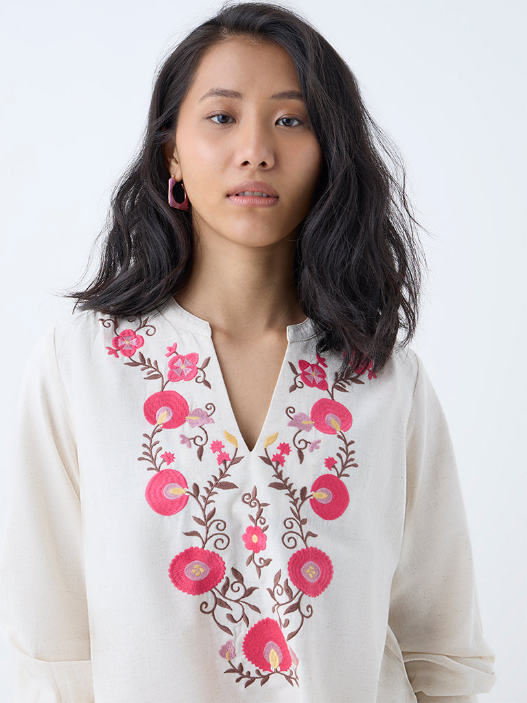 Westside Utsa Women's Off-White Floral Embroidered Cotton-Blend Ethnic Top for Work Wear Zoomed View
