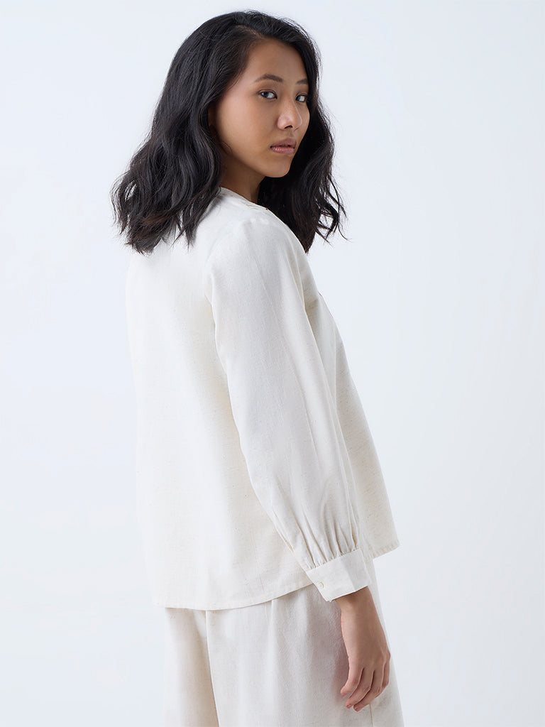 Westside Utsa Women's Off-White Floral Embroidered Cotton-Blend Ethnic Top for Work Wear Back View