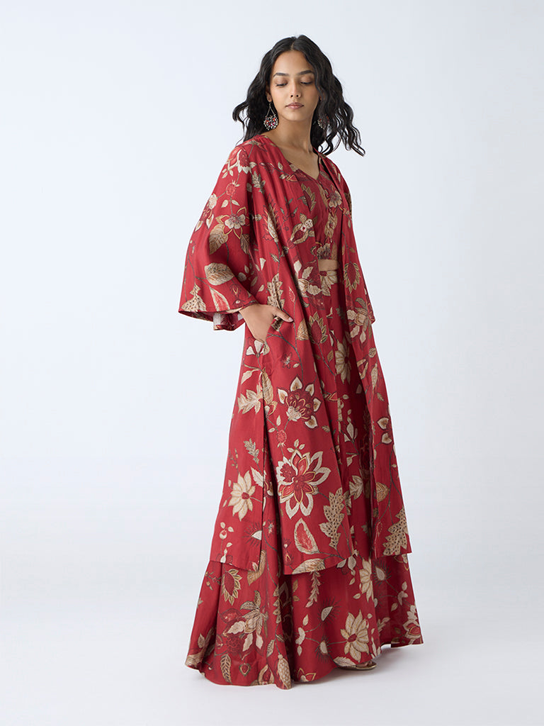 Westside Utsa Women's Red Botanical Design Shrug for Work Wear Front View