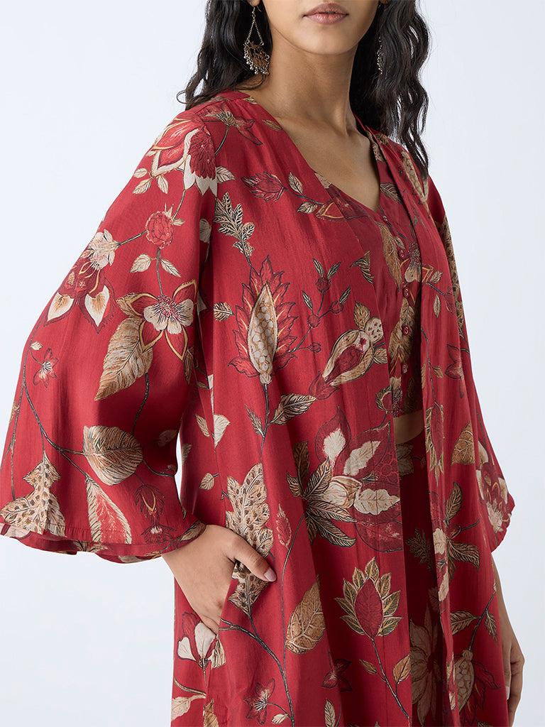 Westside Utsa Women's Red Botanical Design Shrug for Work Wear Zoomed View