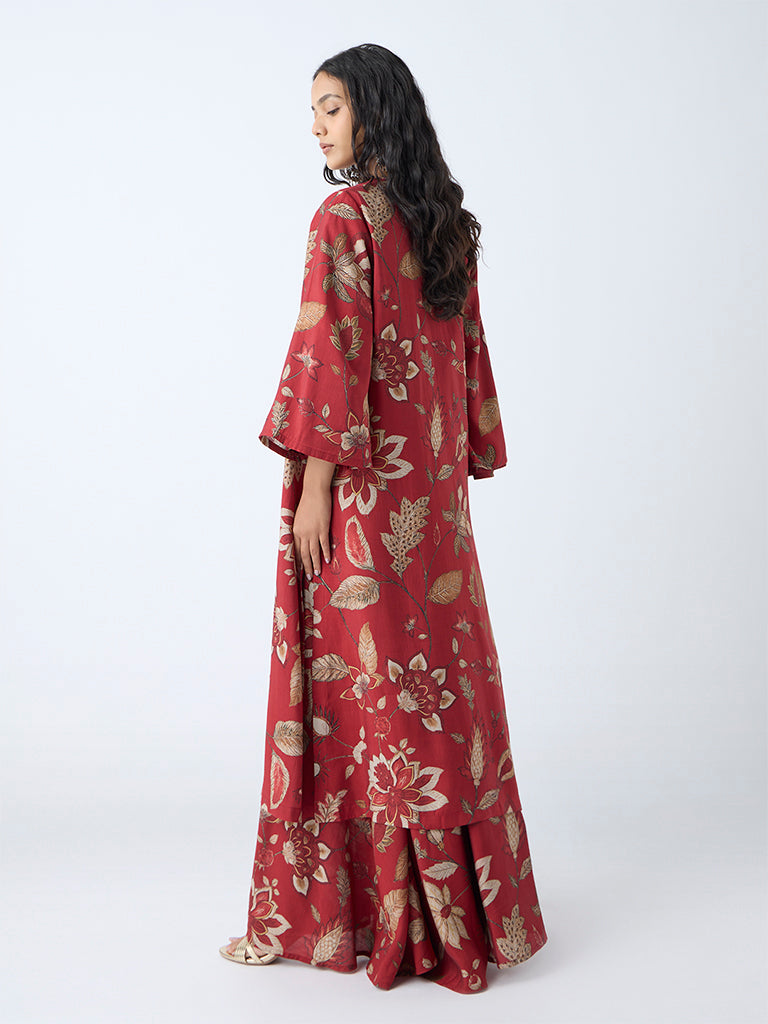 Westside Utsa Women's Red Botanical Design Shrug for Work Wear Back View