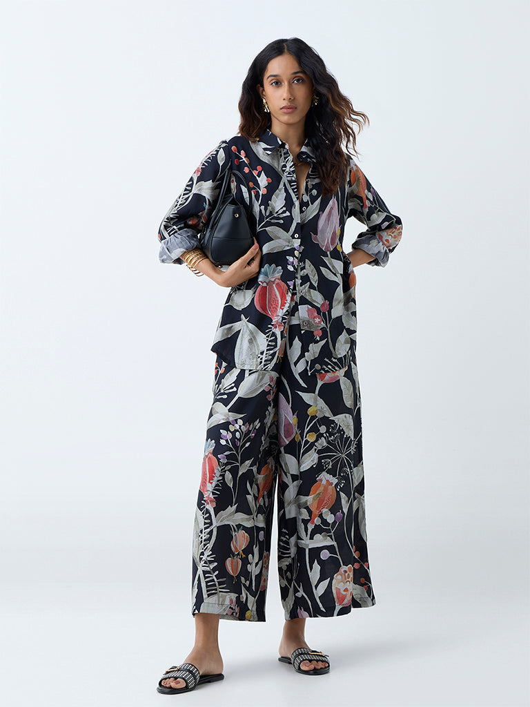 Westside Utsa Women's Black Botanical Pattern Ethnic Pants for Work Wear Full View