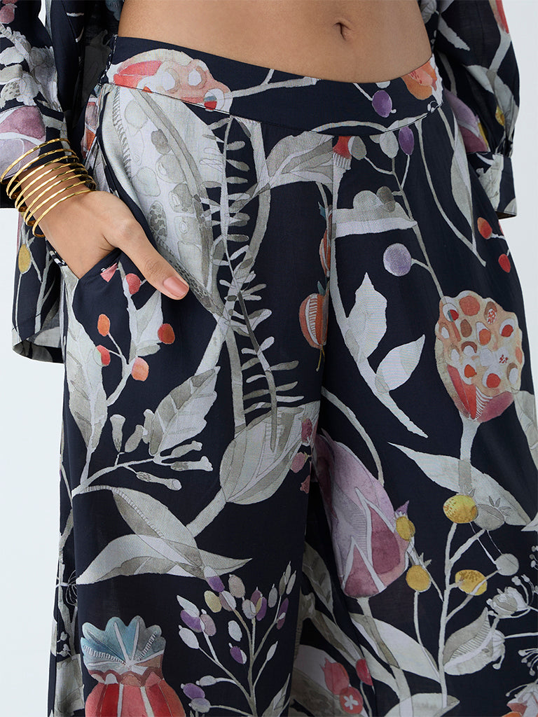 Westside Utsa Women's Black Botanical Pattern Ethnic Pants for Work Wear Zoomed View
