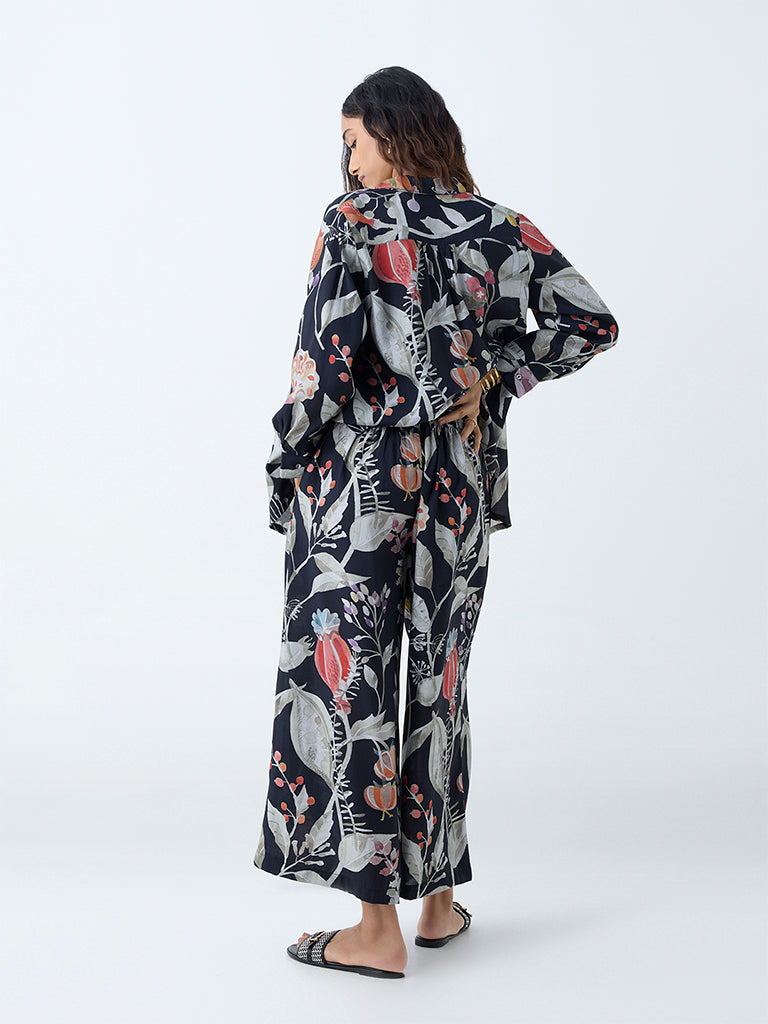 Westside Utsa Women's Black Botanical Pattern Ethnic Pants for Work Wear Back View