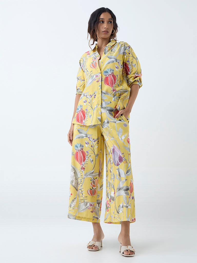 Westside Utsa Women's Yellow Botanical Pattern Ethnic Pants for Work Wear Full View