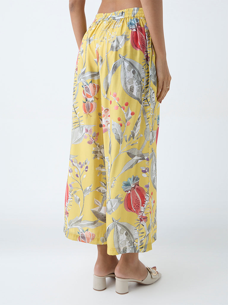 Westside Utsa Women's Yellow Botanical Pattern Ethnic Pants for Work Wear Back View