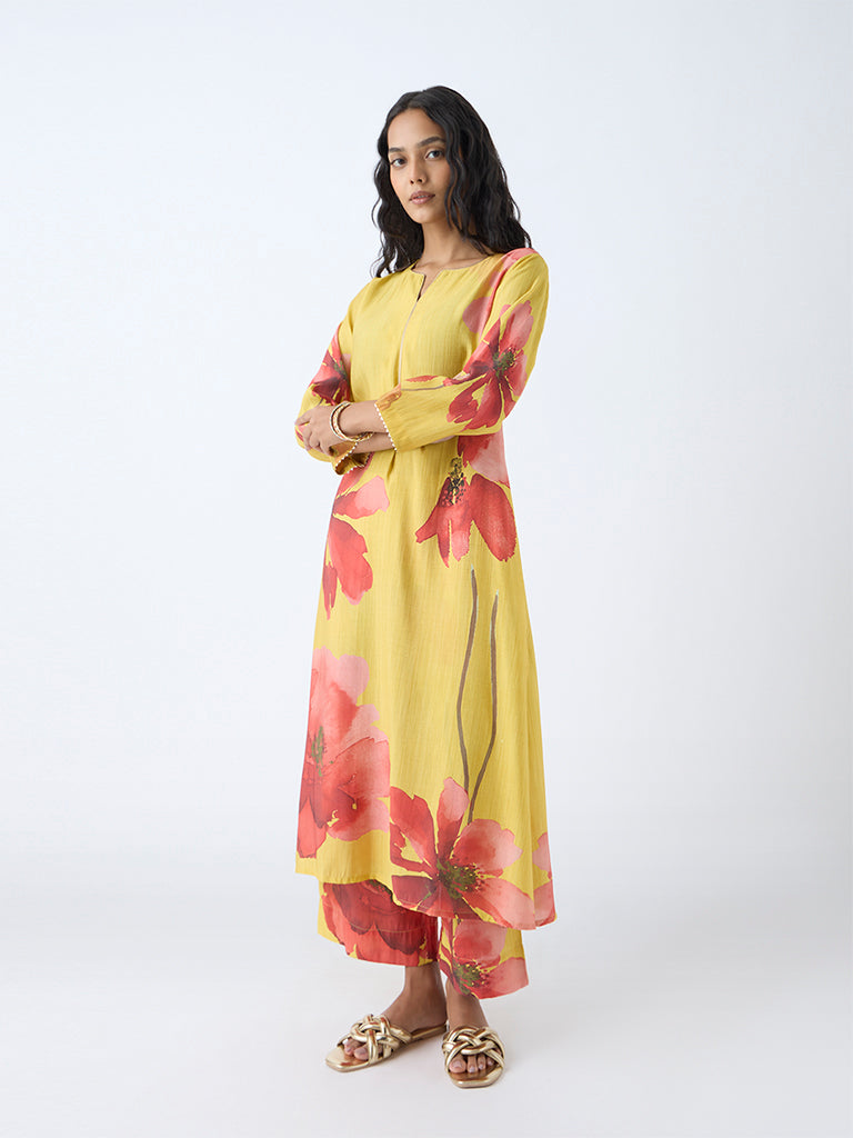 Westside Utsa Women's Yellow Floral Design Ethnic Pants for Work Wear Full View