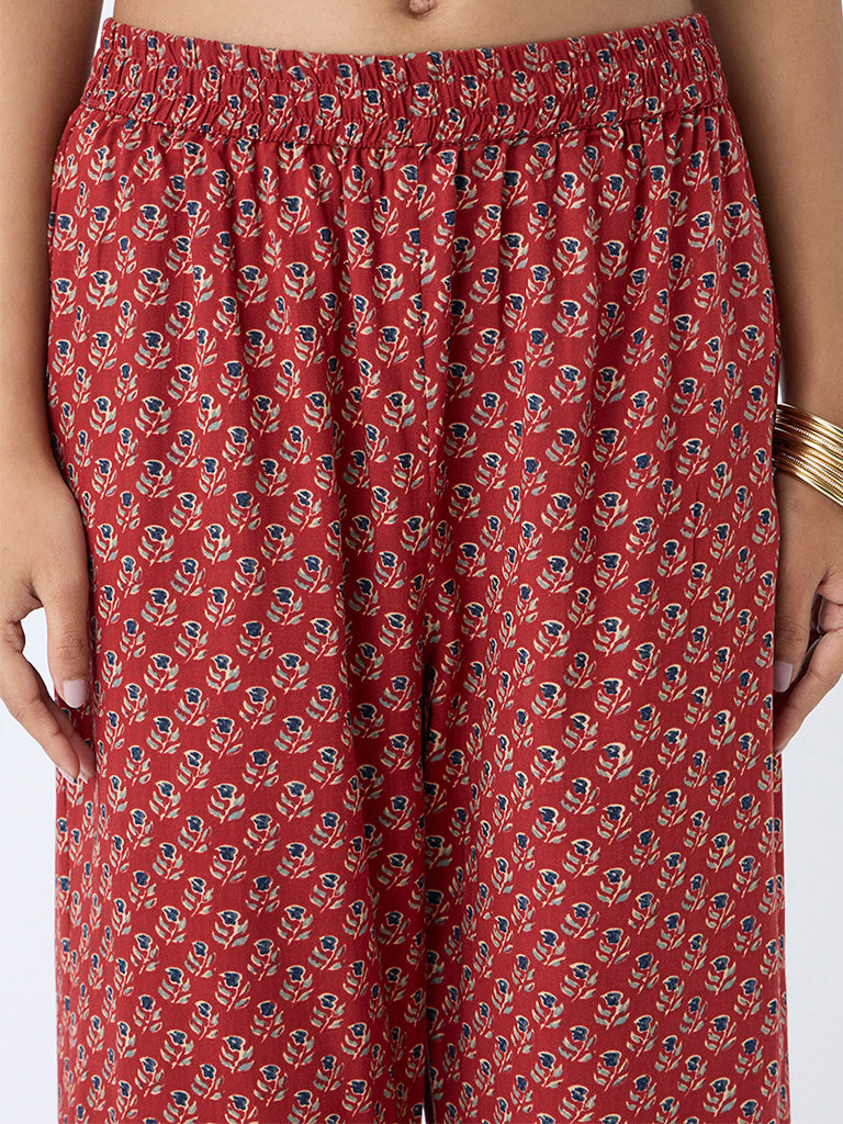 Westside Utsa Women's Maroon Floral Printed Ethnic Pants for Everyday Zoomed View