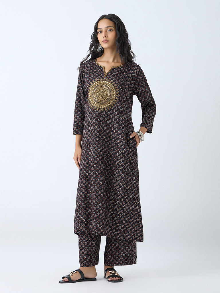 Westside Utsa Women's Black Floral Pattern Ethnic Pants for Everyday Full View