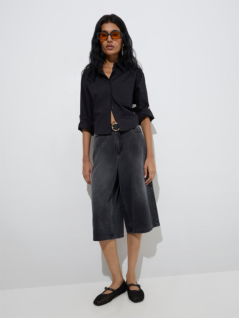 Westside Nuon Women's Black Solid Cotton Shirt for Casual Wear Full View