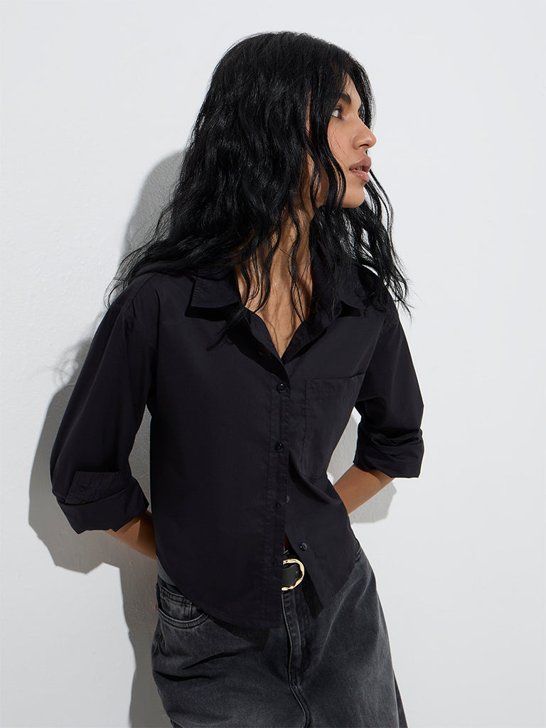 Westside Nuon Women's Black Solid Cotton Shirt for Casual Wear Front View