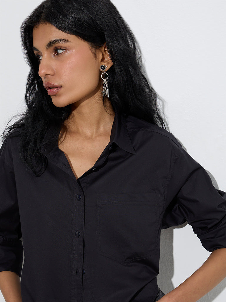 Westside Nuon Women's Black Solid Cotton Shirt for Casual Wear Zoomed View