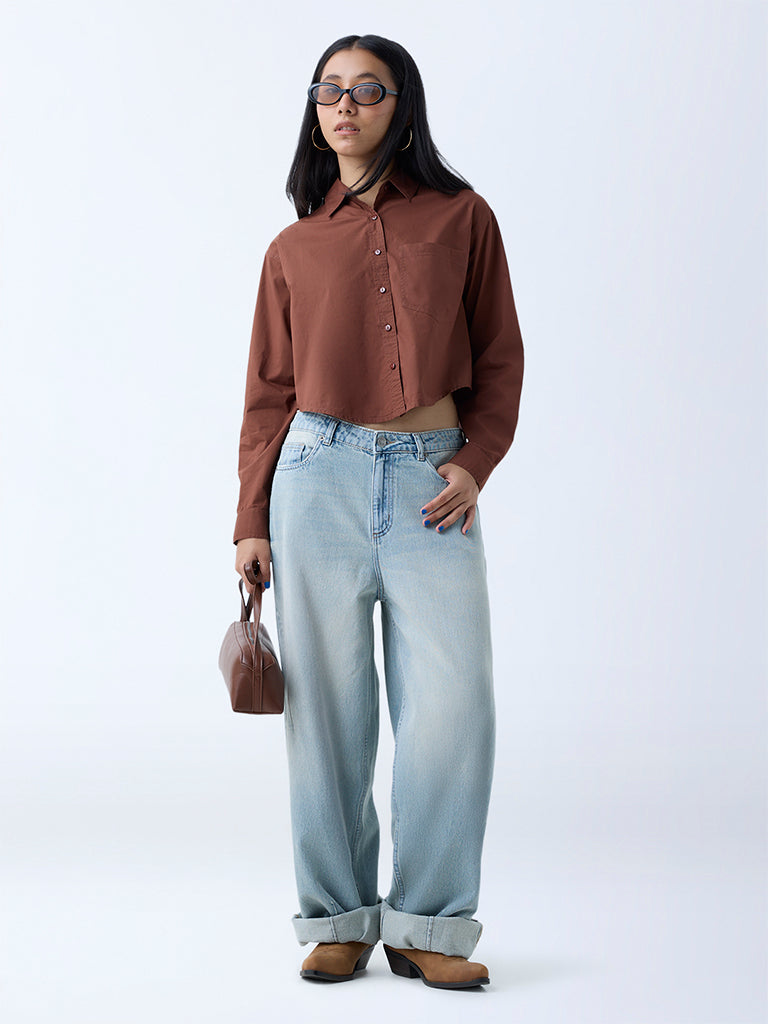 Westside Nuon Women's Brown Solid Cropped Shirt for Casual Wear Full View
