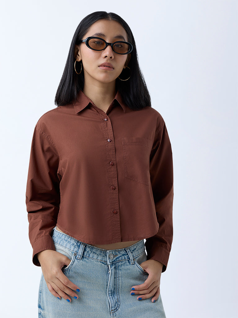 Westside Nuon Women's Brown Solid Cropped Shirt for Casual Wear Front View