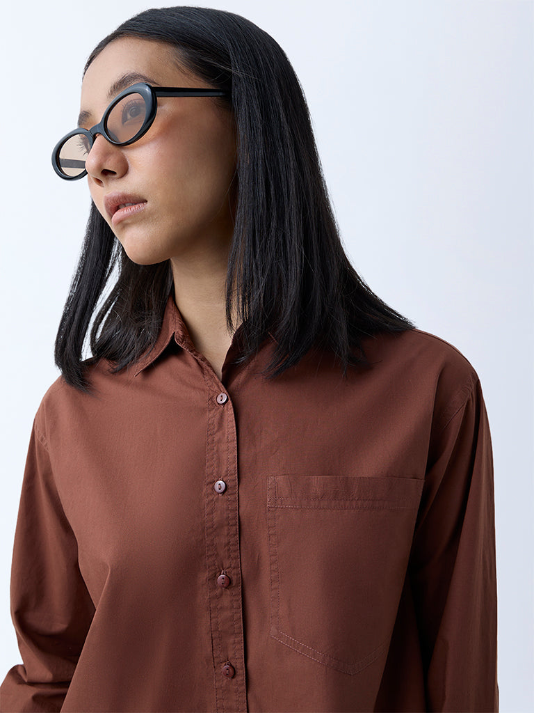 Westside Nuon Women's Brown Solid Cropped Shirt for Casual Wear Zoomed View
