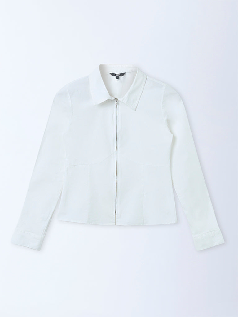 Nuon Off-White Full-Zip Cotton-Blend Top