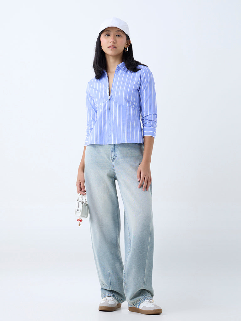 Westside Nuon Women's Blue Striped Cotton Shirt for Casual Wear Full View
