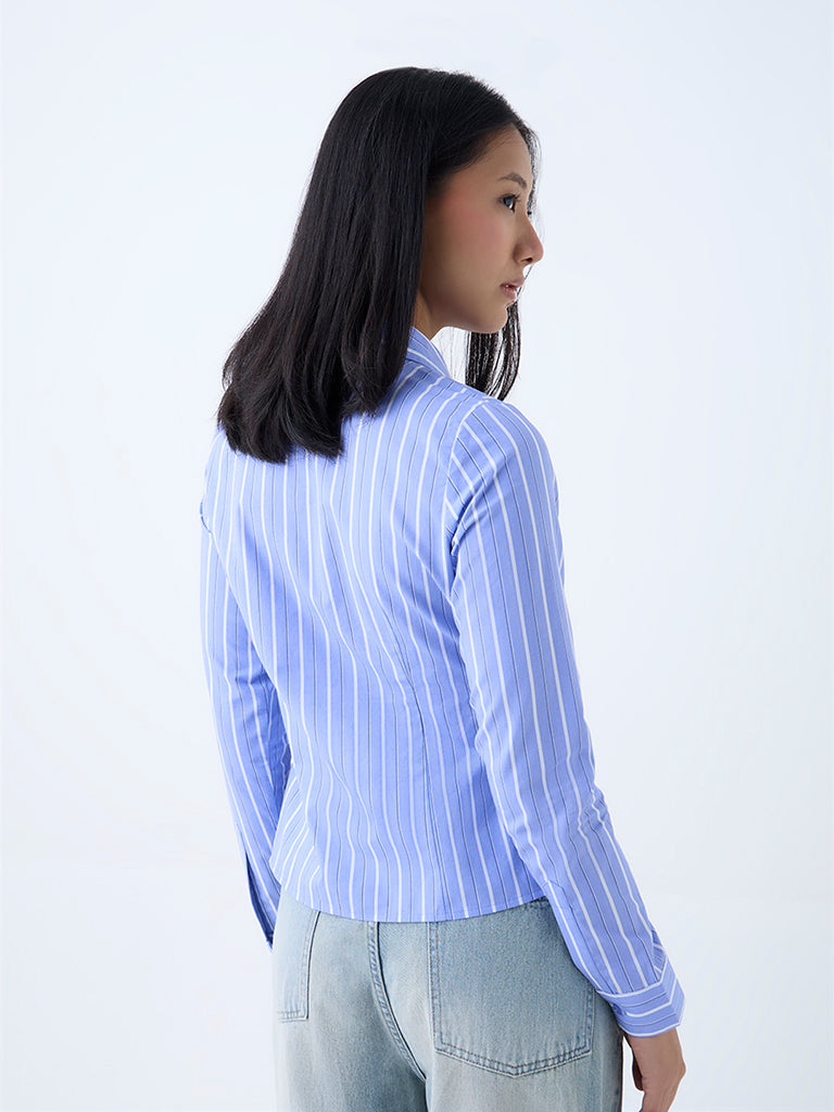 Westside Nuon Women's Blue Striped Cotton Shirt for Casual Wear Back View