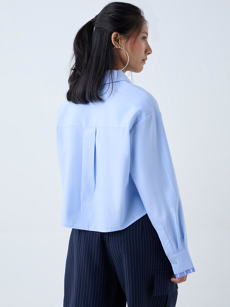 Westside Nuon Women's Blue Solid Shirt with Tie for Casual Wear Back View