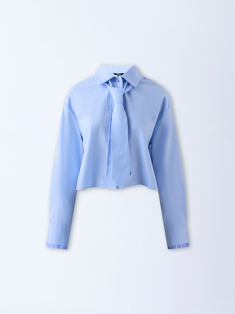 Westside Nuon Women's Blue Solid Shirt with Tie for Casual Wear Flatlay