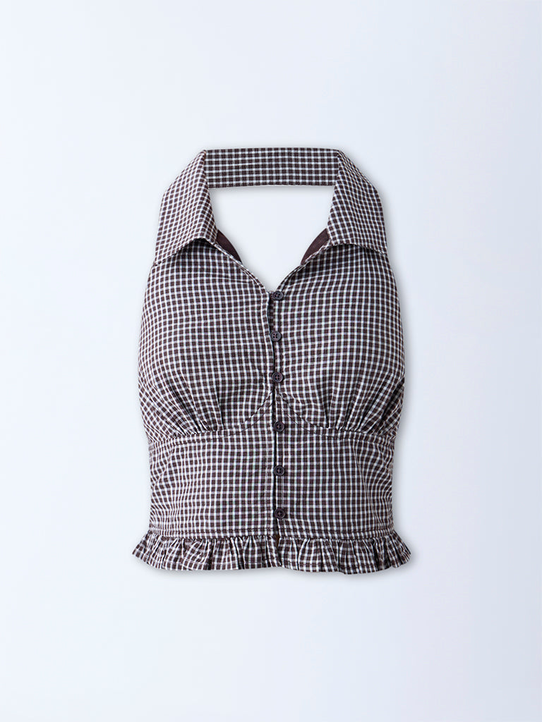 Westside Nuon Women's Dark Brown Gingham Checks Design Cotton Top for Casual Wear Flatly