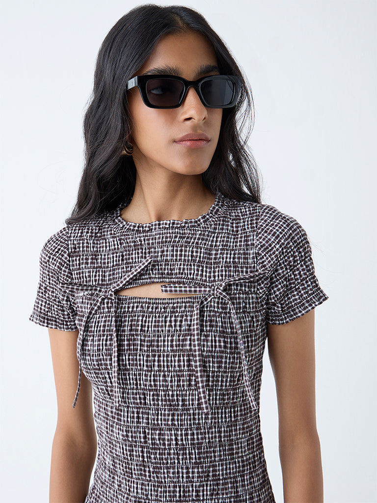 Westside Nuon Women's Dark Brown Gingham Checkered Cotton Bodycon Dress for Casual Wear Zoomed View