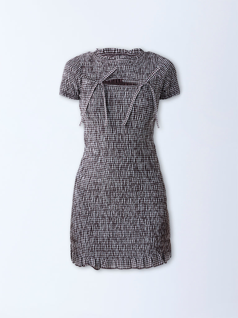 Westside Nuon Women's Dark Brown Gingham Checkered Cotton Bodycon Dress for Casual Wear Flatly