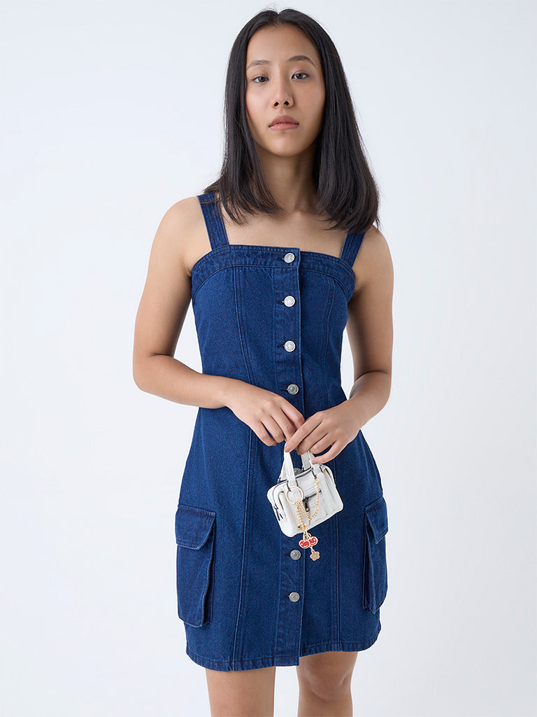 Westside Nuon Women's Dark Blue Cut-Out Design Denim Dress for Casual Wear Front View