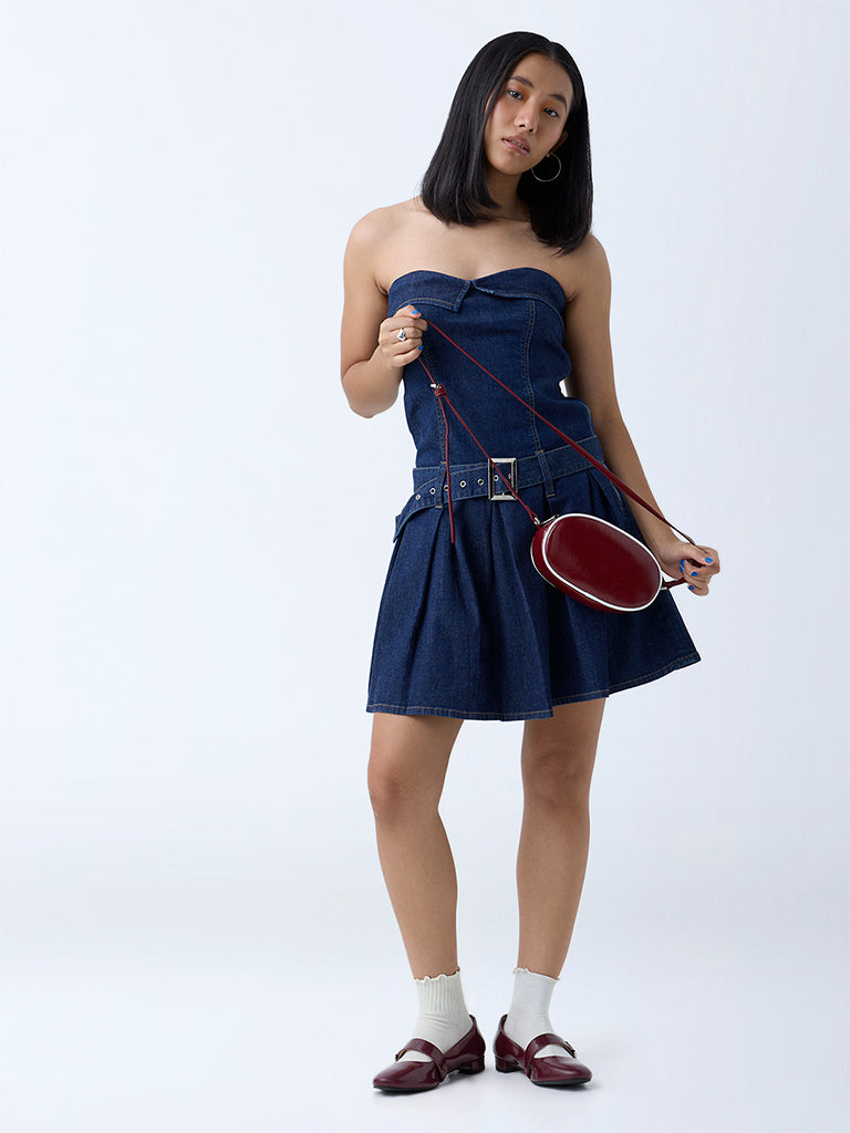 Nuon Dark Blue Denim Tube Dress with Belt