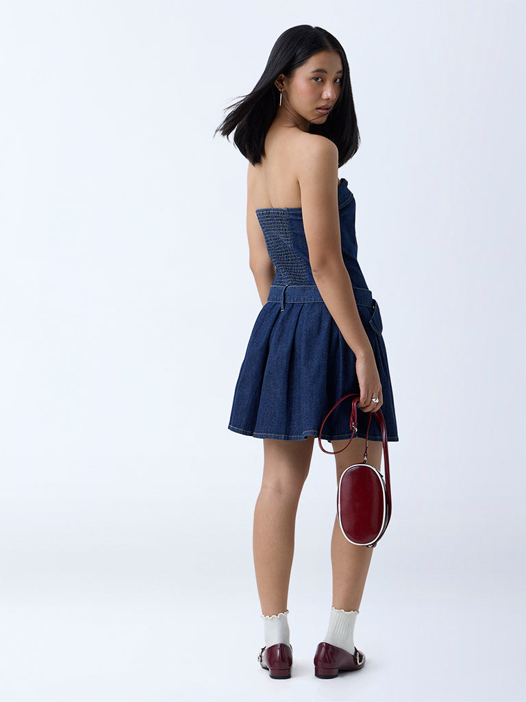 Nuon Dark Blue Denim Tube Dress with Belt