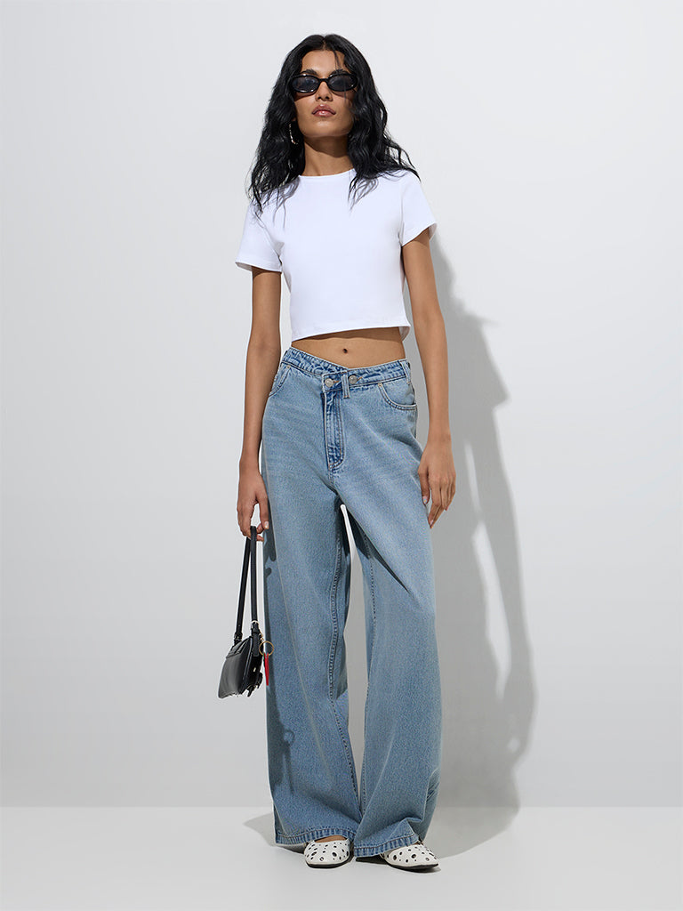Westside Nuon Women's Light Blue Wide-Leg Mid-Rise Jeans for Casual Wear Full View