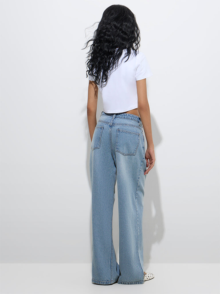 Westside Nuon Women's Light Blue Wide-Leg Mid-Rise Jeans for Casual Wear Back View