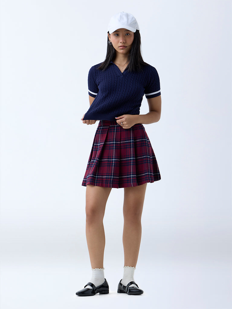 Westside Nuon Women's Navy Checks Design High-Rise Skirt for Casual Wear Full View