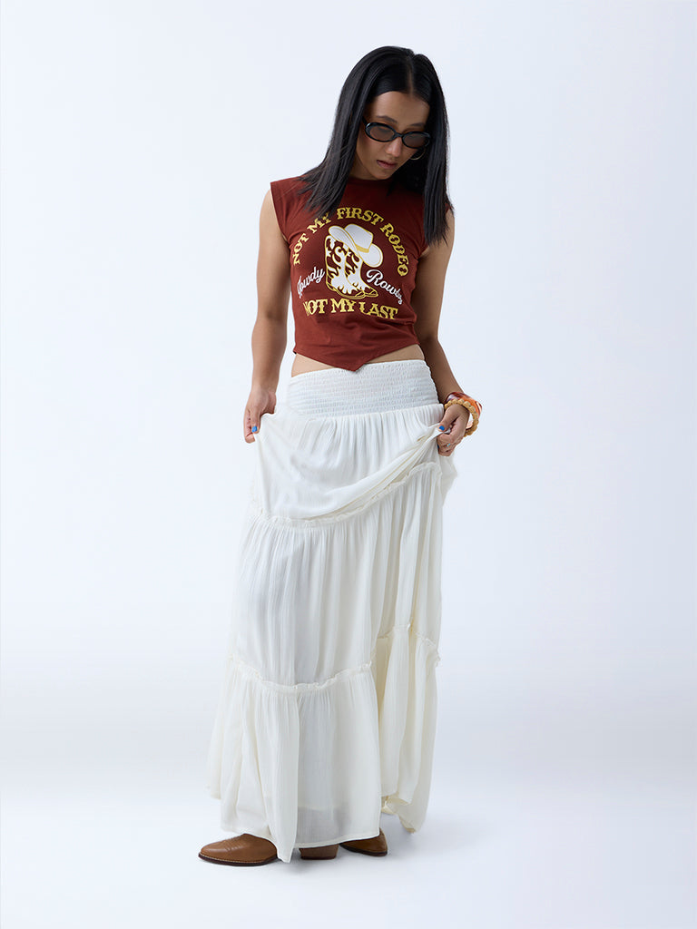 Westside Nuon Women's Off-White Tiered High-Rise Skirt for Casual Wear Full View