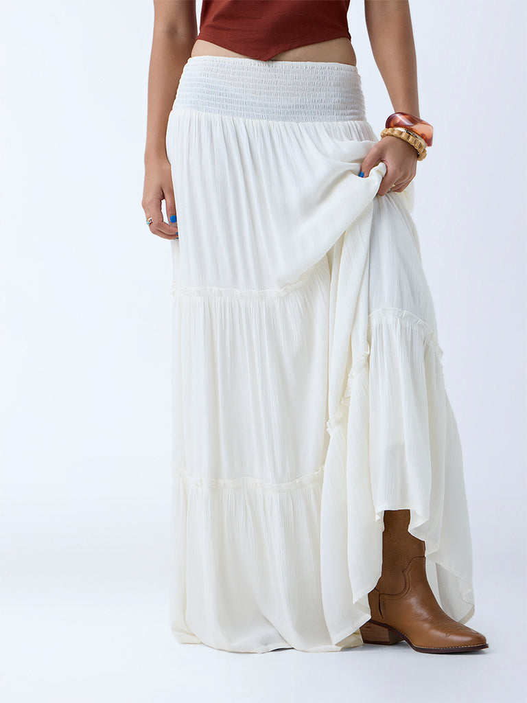 Westside Nuon Women's Off-White Tiered High-Rise Skirt for Casual Wear Front View