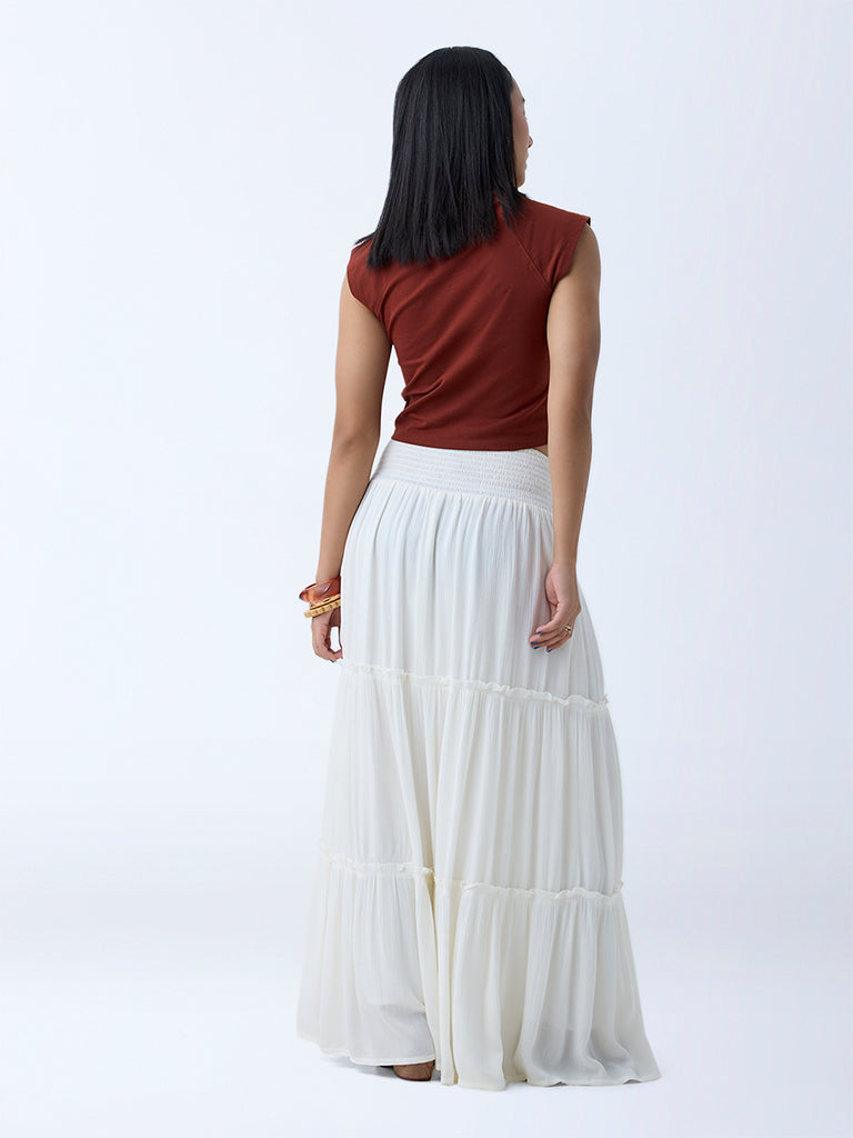 Westside Nuon Women's Off-White Tiered High-Rise Skirt for Casual Wear Back View