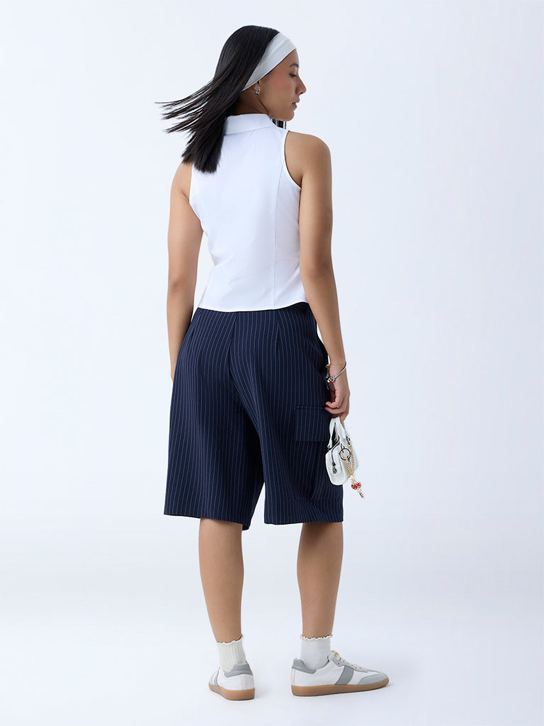 Nuon Navy Pinstriped High-Rise Cotton-Blend Jorts