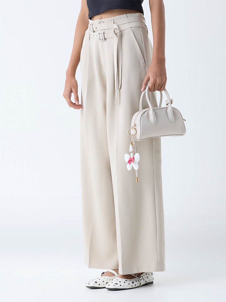 Nuon Beige Wide-Leg High-Rise Trousers with Belt