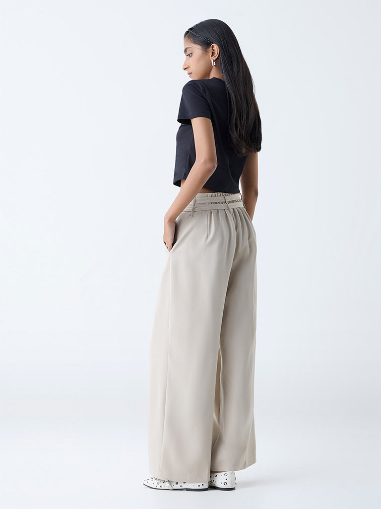 Nuon Beige Wide-Leg High-Rise Trousers with Belt