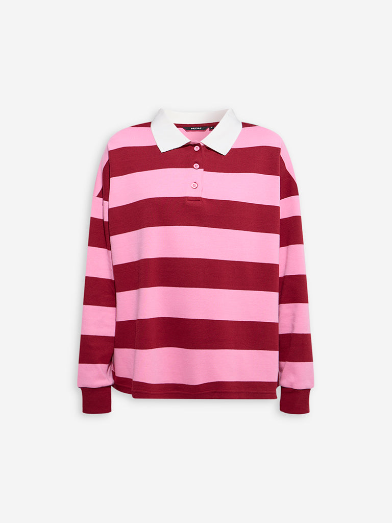Westside Nuon Women's Pink Stripe Printed Cotton Polo T-Shirt for Casual Wear Flatly