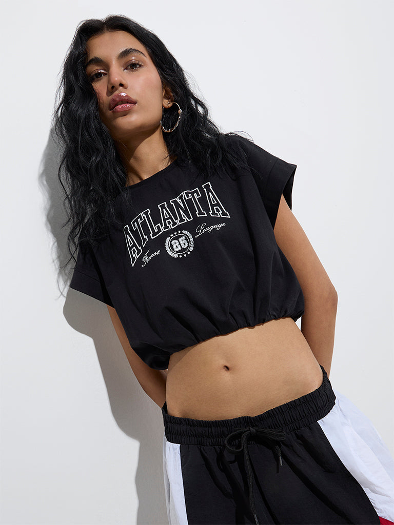 Westside Nuon Women's Black Text Printed Cotton-Blend T-Shirt for Casual Wear Front View