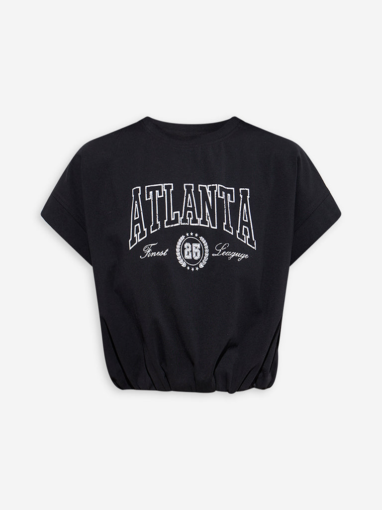 Westside Nuon Women's Black Text Printed Cotton-Blend T-Shirt for Casual Wear Flatly