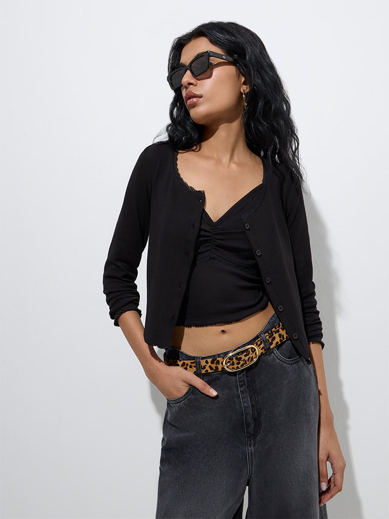 Westside Nuon Women's Black Solid Cotton-Blend Top with Inner Set for Casual Wear Front View