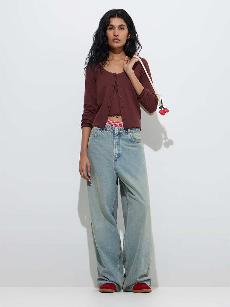 Westside Nuon Women's Dark Brown Solid Cotton-Blend Top with Inner Set for Casual Wear Front View