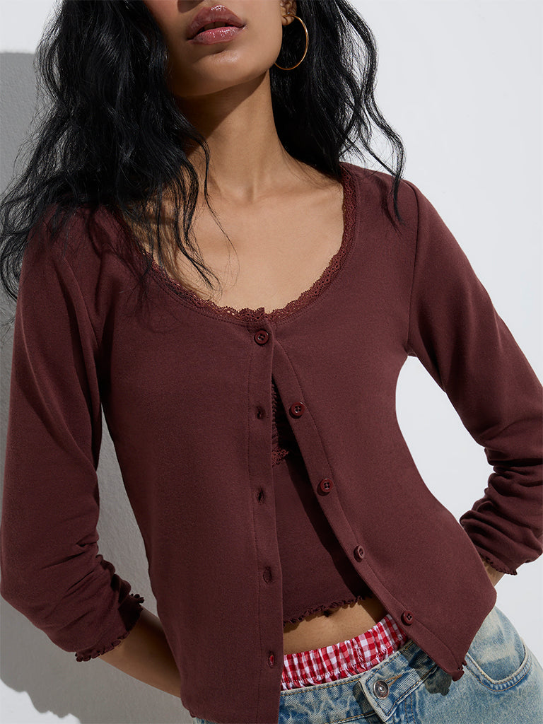 Westside Nuon Women's Dark Brown Solid Cotton-Blend Top with Inner Set for Casual Wear Zoomed View