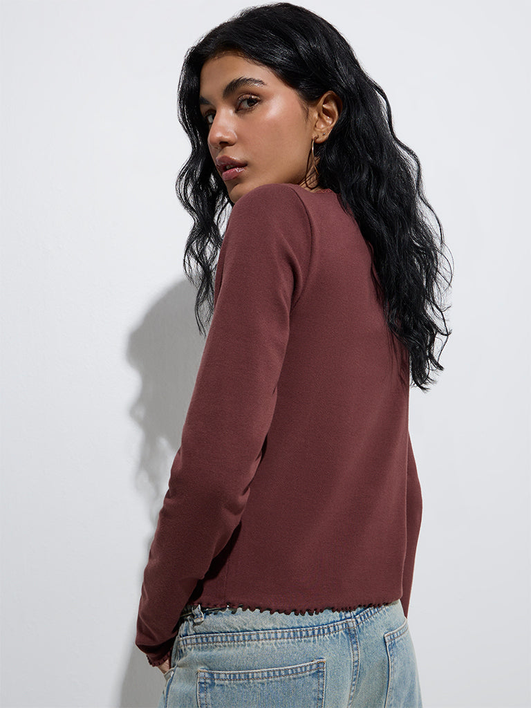 Westside Nuon Women's Dark Brown Solid Cotton-Blend Top with Inner Set for Casual Wear Back View