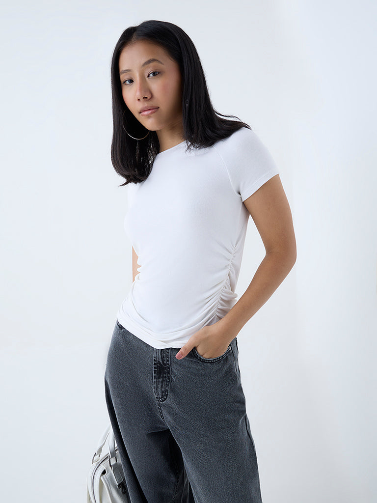 Westside Nuon Women's White Solid Ruched T-Shirt for Casual Wear Front view